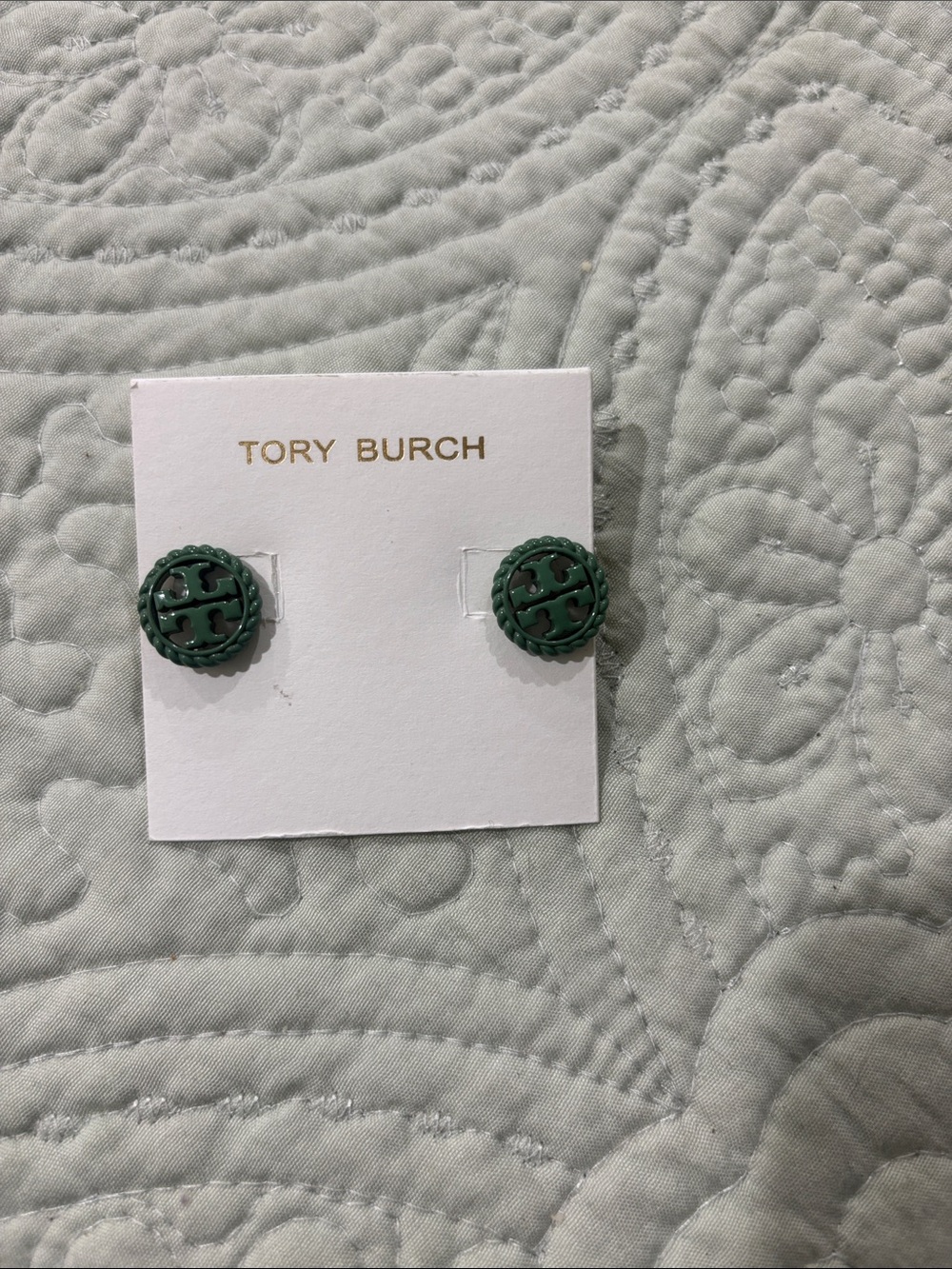 Tory Burch Dark Green Double-T Round Stud Earrings